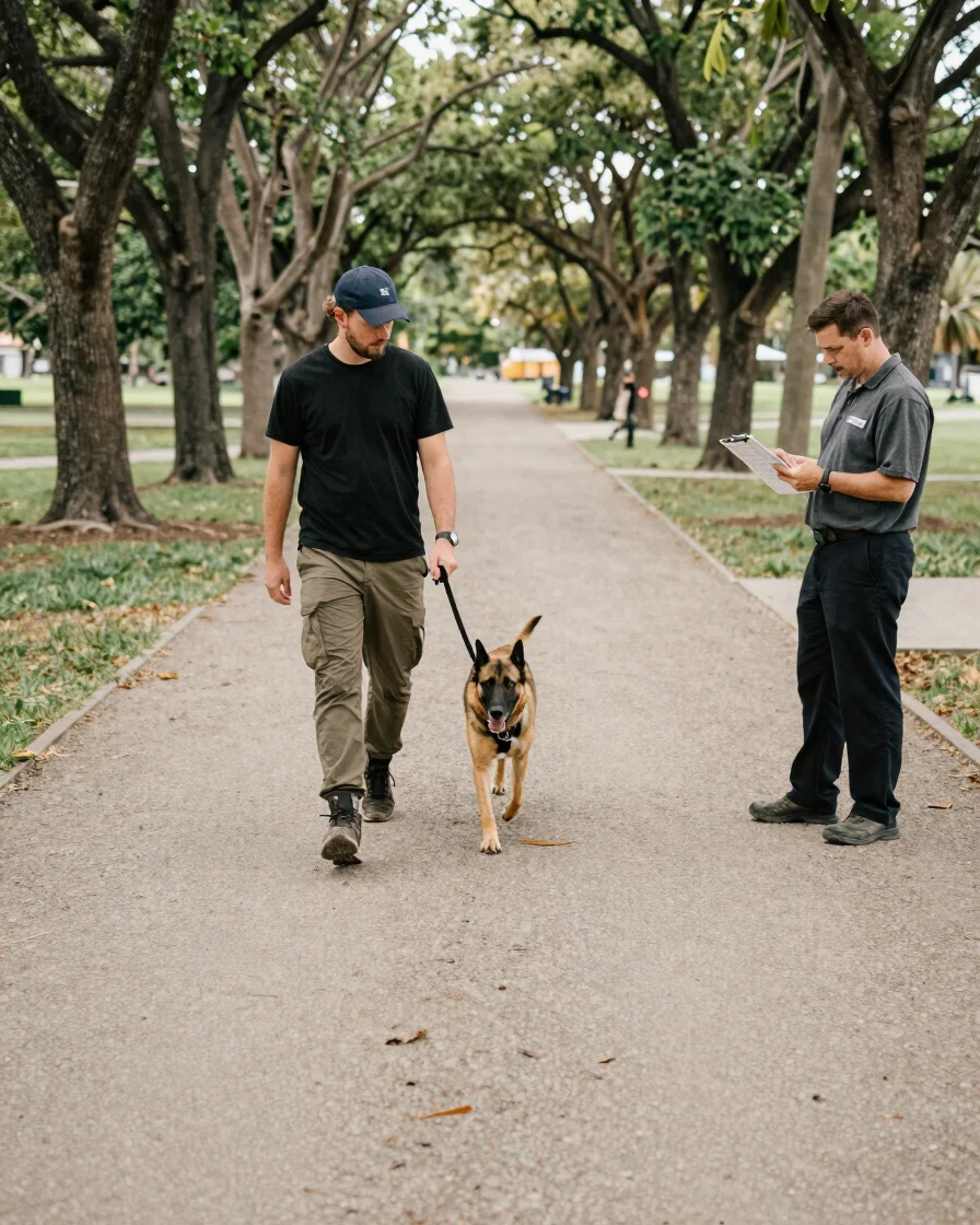 Wide documentary photograph on a St. Paul park path in soft natural daylight: a handler and dog walking calmly beside a