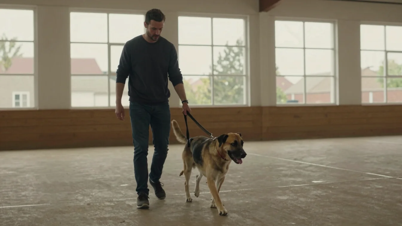 Documentary photograph of a handler and a calm dog heeling throug