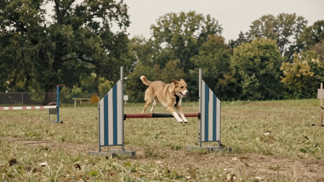 Documentary photograph of a dog clearing a jump on an agility cou