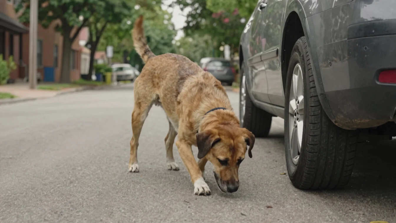 Close documentary photograph of a dog with its nose low, searchin