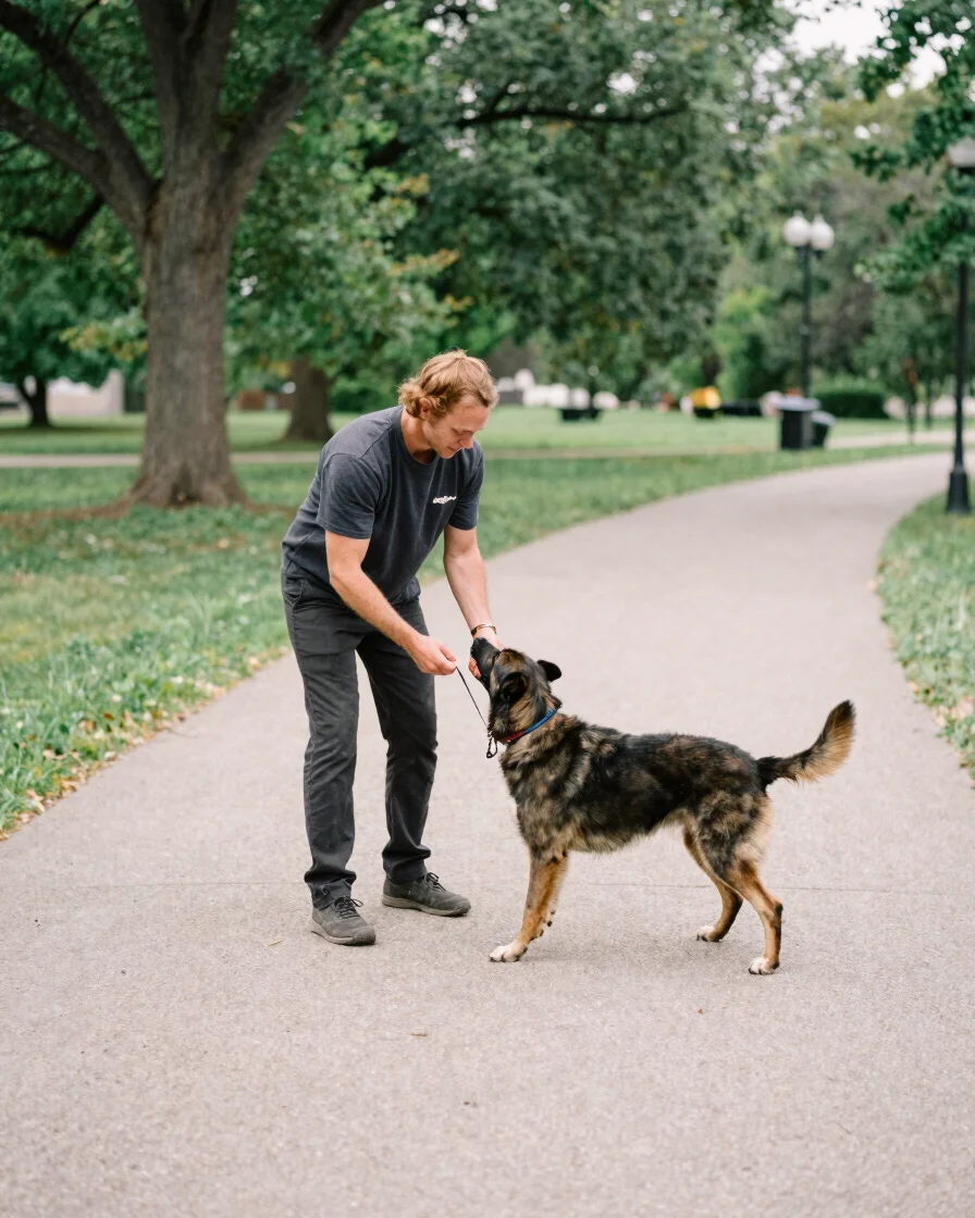 Documentary photograph of a handler and a dog practicing a recognizable Obedience heeling exercise on a park path in St.